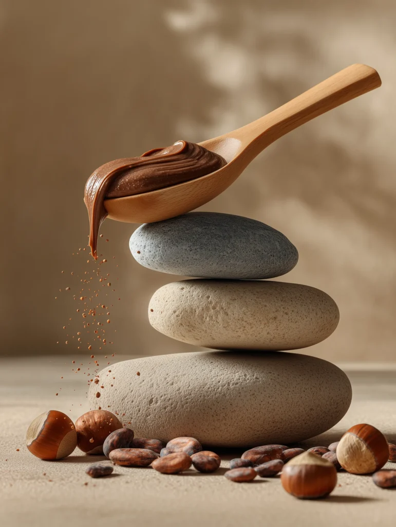 Un cucchiaio di crema spalmabile Cocolis, appoggiato ad una pila di sassi da il senso dell'equilibrio dei prodotti LiS