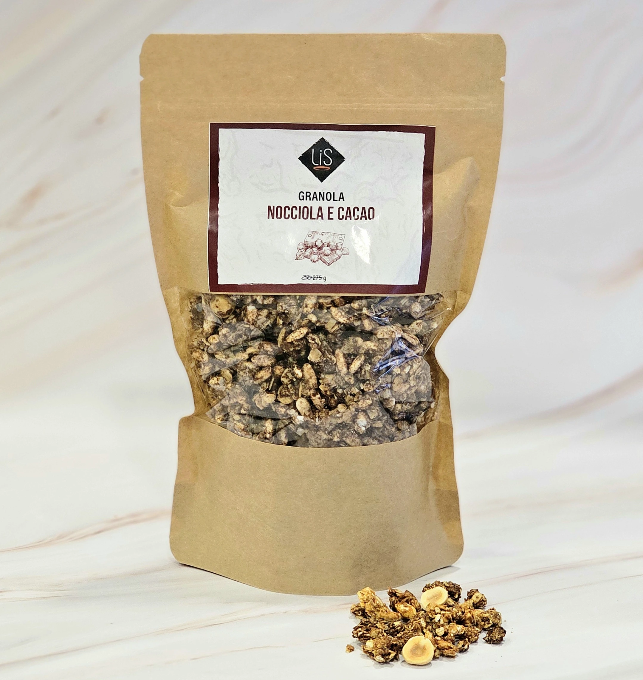 Granola nocciola e cacao, 5 ingredienti, 100% naturale, con crema 100% nocciola Giffoni, prodotta nel laboratorio artigianale LiS
